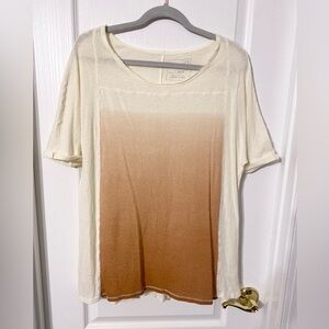 We The Free Cream and Brown Gradient Semi Sheer Oversized Roll Sleeve Tee Small